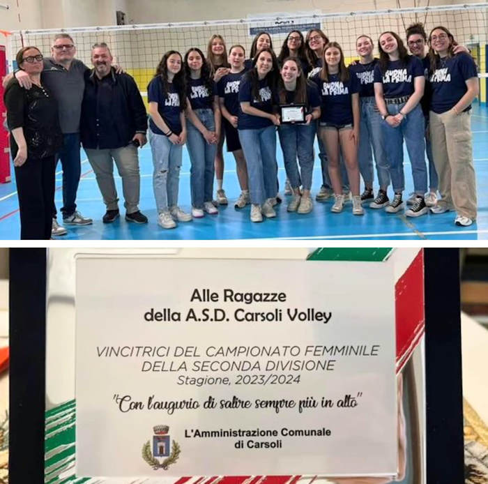 Una targa di merito alle ragazze dell'Asd Volley Carsoli che hanno vinto il Campionato femminile della Seconda Divisione
