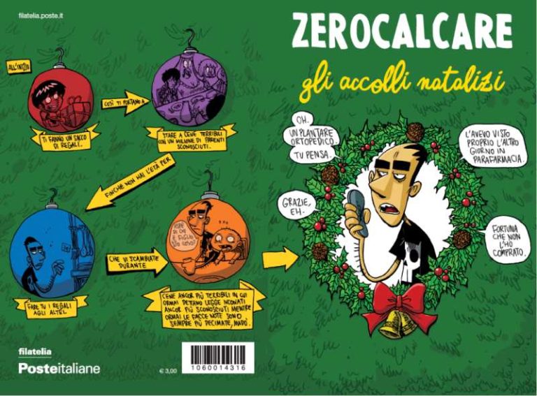 Biglietto per gli auguri di Natale di Zerocalcare disponibile nell'ufficio postale di via Cavalieri di Vittorio Veneto ad Avezzano