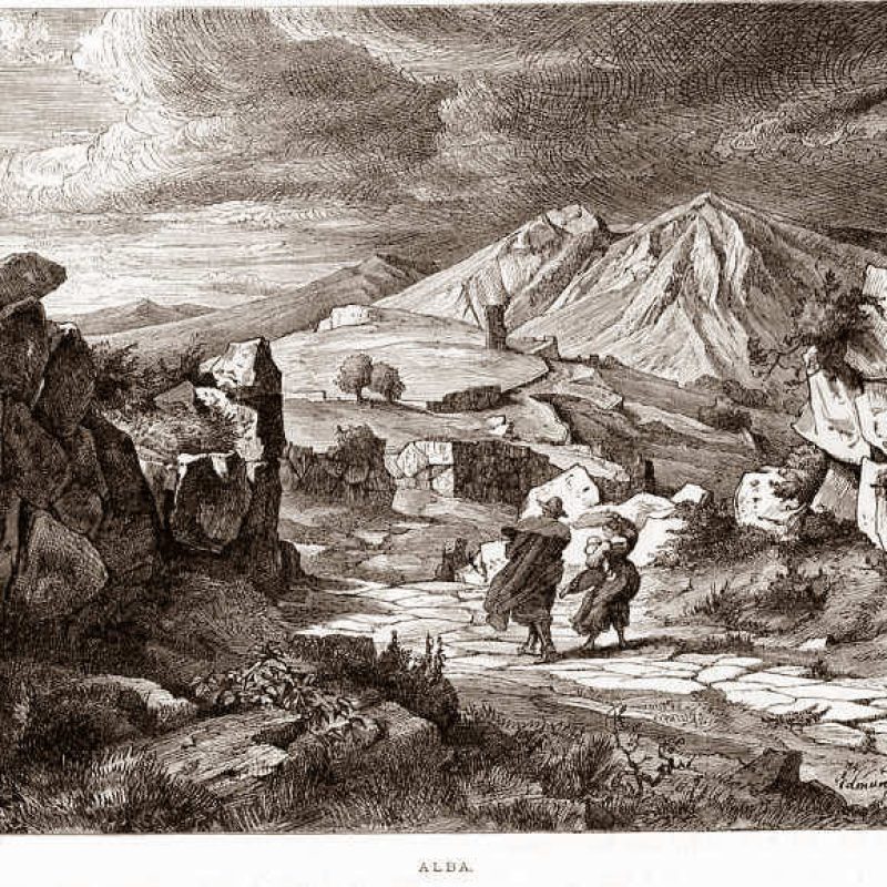 Lo sguardo su Alba Fucens e su Monte Velino del disegnatore Edmund Kanoldt in una stampa del 1875