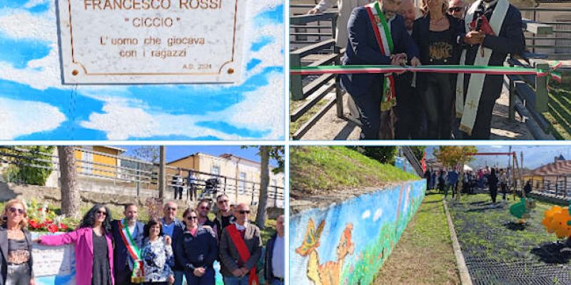 Un murale di Graziella Gagliardi colora il nuovo parco giochi di Casali di Aschi, dedicato a "Ciccio" Rossi "l'uomo che giocava con i ragazzi"