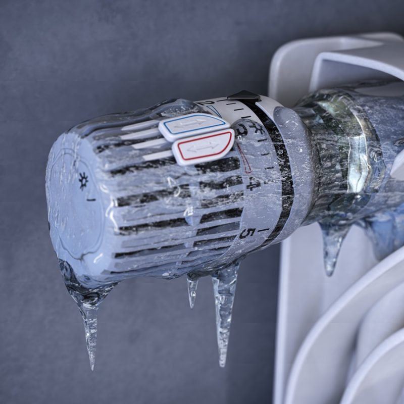 Thermostatic radiator valve with icicles. Energy crisis, sturning off heating for non-payment and saving concept. 3d illustration